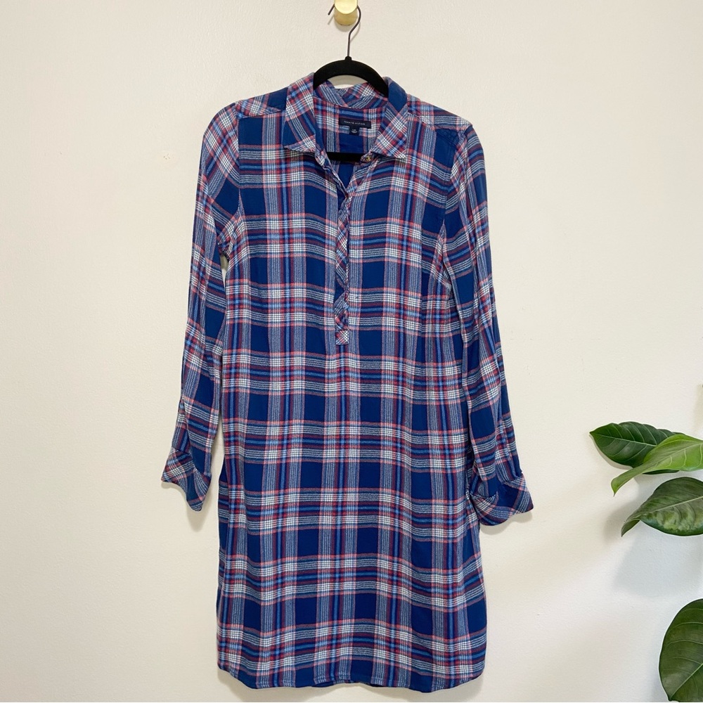 Tommy Hilfiger Blue Red Plaid Flannel Long Sleeve Roll Tab Dress